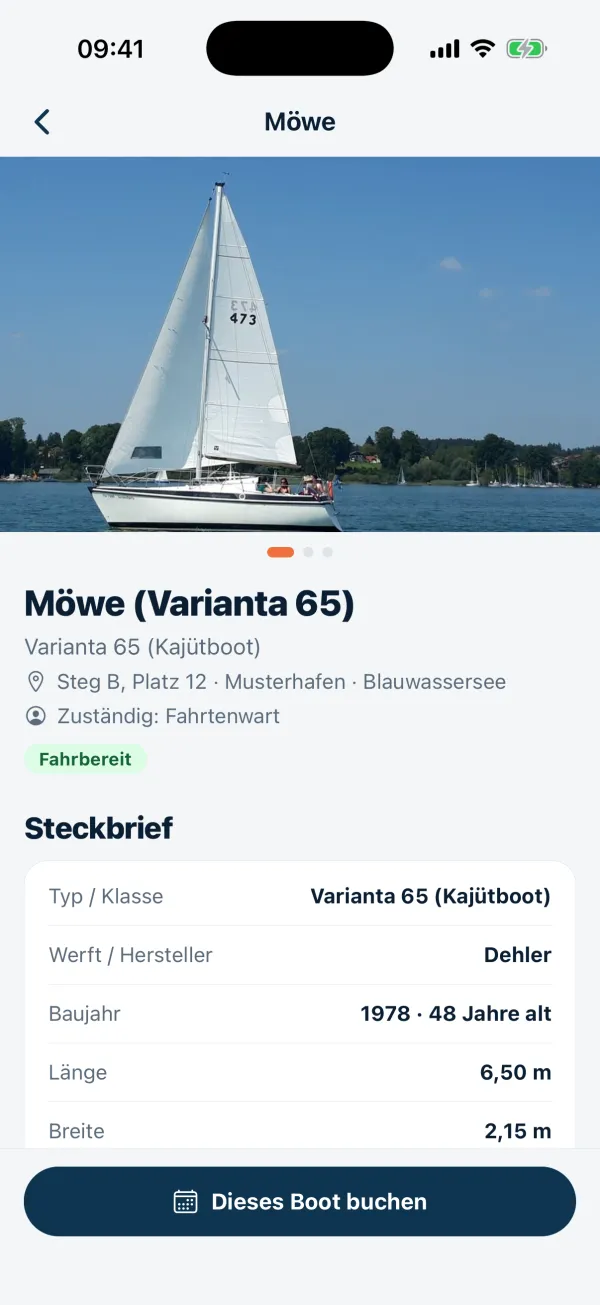 Clubhafen-App – Steckbrief eines Vereinsboots mit Foto und Liegeplatz