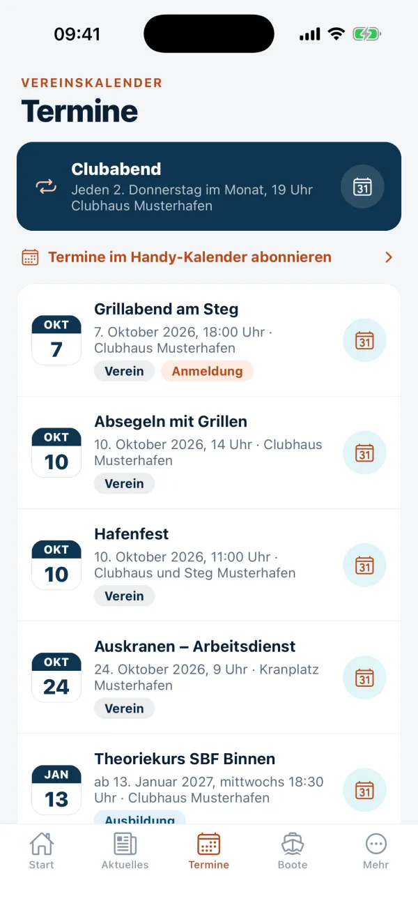 Clubhafen-App – Vereinskalender mit Anmeldung zu Terminen