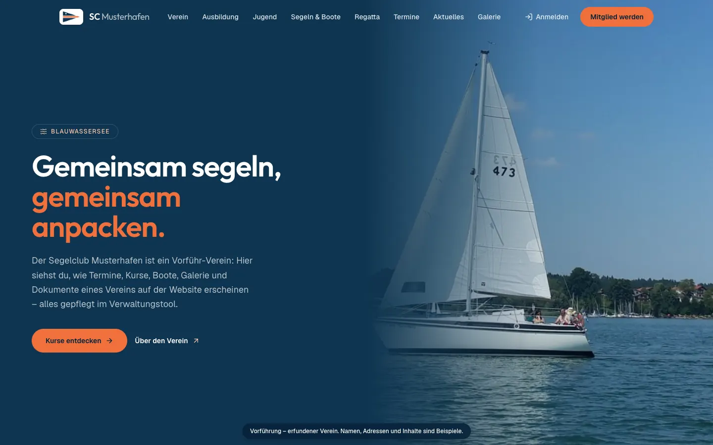 Startseite einer Vereinswebsite von Clubhafen